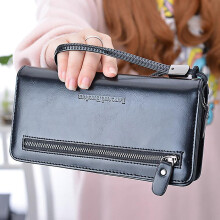 (Black) PU Leather Long Wallet with Zipper Pocket and Lanyard for Women
