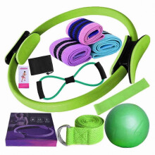 (Green) Kit d'entraînement Pilates à domicile pour femmes, 11 pièces, anneaux et bandes élastiques de résistance multiple
