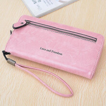 (Pink) Portefeuille long en cuir PU avec poche zippée et cordon pour femme