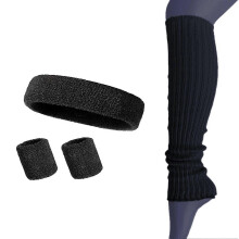 (Black, One Size) 4Pcs Women Knitted Headband Wristband Calf Compression Sleeves Sweat Absorbing Yoga Gym