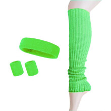 (Fluorescent Green, One Size) 4Pcs Women Knitted Headband Wristband Calf Compression Sleeves Sweat Absorbing Yoga Gym