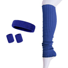 (Royal Blue, One Size) 4Pcs Women Knitted Headband Wristband Calf Compression Sleeves Sweat Absorbing Yoga Gym