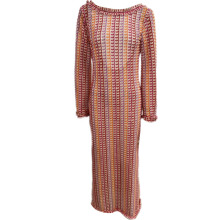 Women Full Length Crochet Beach Dress Long Sleeve Swimsuit Coverup Dress Red L