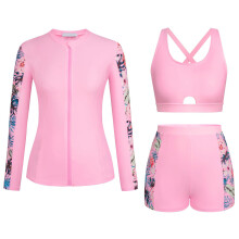 3Pcs Women Bathing Suit Set Long Sleeve Swim Shirt Sport Bra Boyshort Breathable Pink S