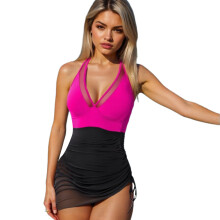 Slimming One Pieced Swimsuit with Mesh Detail for Water Sports and Rose red and black XL