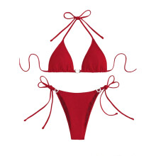 1 Set Lacing Up Swimsuit Adjustable Triangle Top with Bottoms Beach Outfit Red M