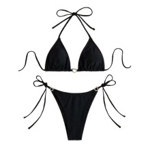 Elegant Tankini Set Adjustable Tied Circlet Embellishment Side Lacing Up Swimsuit Black L