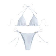 Contemporary Swimwear Adjustable Tied Triangle Bra Side Lacing Design Thong White L