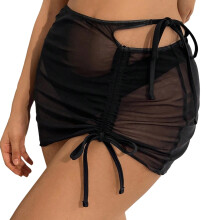 Women Ruched Sheer Beach Skirt Side Drawstring Beach Wrap Skirt Swimsuit Coverup Black L