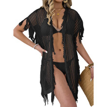 Women Beach Coverup Short Sleeve Open Front Hollowout Crochet Tassels Cardigans Black