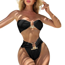 Strapless Beachwear Set Swimwear Feature High Waist and Metallic Detailing Black S