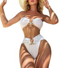 High Waist Swimwear Set Comfortable 2pcs Bathing Suit with Metallic Accessories White M