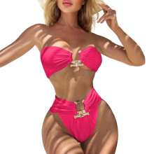 High Waist Beachwear Set Bathing Suit with Metal Accent for Beach and Pool Red M