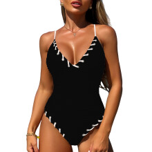 Women Solid Color High Cut Thong Swimsuit Push Up Swimsuit Conjoined Swimwears Black L