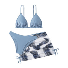 Girls Backless Swimwear Lovely Bathing Suit 3 Pcs Swimsuit with Beach Skirt Haze blue 170