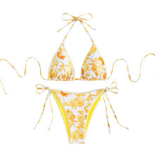 Flower Print Halterneck Swimsuit Set for Women Triangular String Bathing Suit S