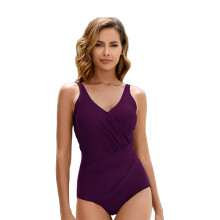 Women's Elegant One Pieced Swimsuit Solid V-neck Swimwear for Pool Parties Purple L