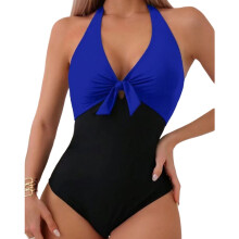 Women's One Pieced Swimsuit Solid Color Bathing Suit with Neck Back Tied Royal Blue S
