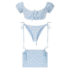 Women One Shoulder Bathing Suit with Beach Coverup Skirt Flower Print Swimsuit Blue XL