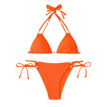 Women Split Swimsuit Thong Set Solid Strappy Swimming Suit High Cut Beachwear Orange XL
