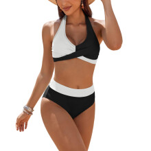 Flower Print Bathing Suit for Women Two Pcs Split Swimsuits Push Up Black and white XXL