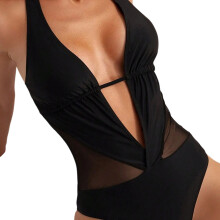 Women Backless Bathing Suit Solid Color Swimwear Mesh Swimsuit for Beachwear Black S