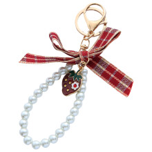 Lovely Strawberry Keychain Bows Car Key Rings Imitation Pearls Chain Key Lobster buckle