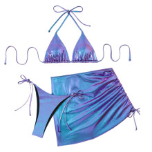 Solid Color Bathing Suit for Women 3 Pcs Split Swimsuit Backless Swimwear Purple S