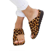 Stylish Women PU Flat Bottom Thick Shoes Solid Color Casual Set Of Toe Sandals(Leopard, 34)_hb