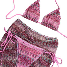 Women 3 Pcs Swimsuits Backless Swimwear Striped Bathing Suit Beachwear Pink L