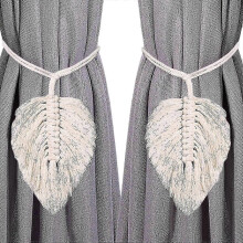 Lot de 2 embrasses bohèmes en macramé de coton avec motif de feuilles. Attaches de rideaux à cordon en corde de coton beige.