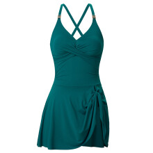 Women Push Up V Neck Skirted Swimwears with Briefs Push Up Swimdress Peacock Green M