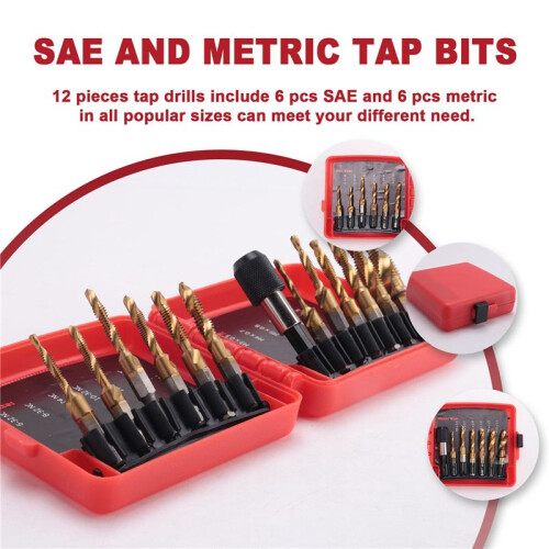 Titanium Combination Drill Tap Bit Set 13PCS SAE and Metric Tap Bits Kit for Screw Thread Drilling Tapping Deburring 2