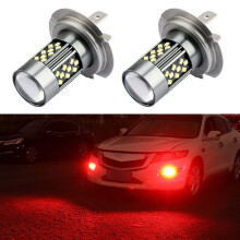 Pair of H7 12V 7W Constant-On LED Fog Lights for Vehicles, Red Lens, Automotive Replacement Bulbs for Driving Visibility