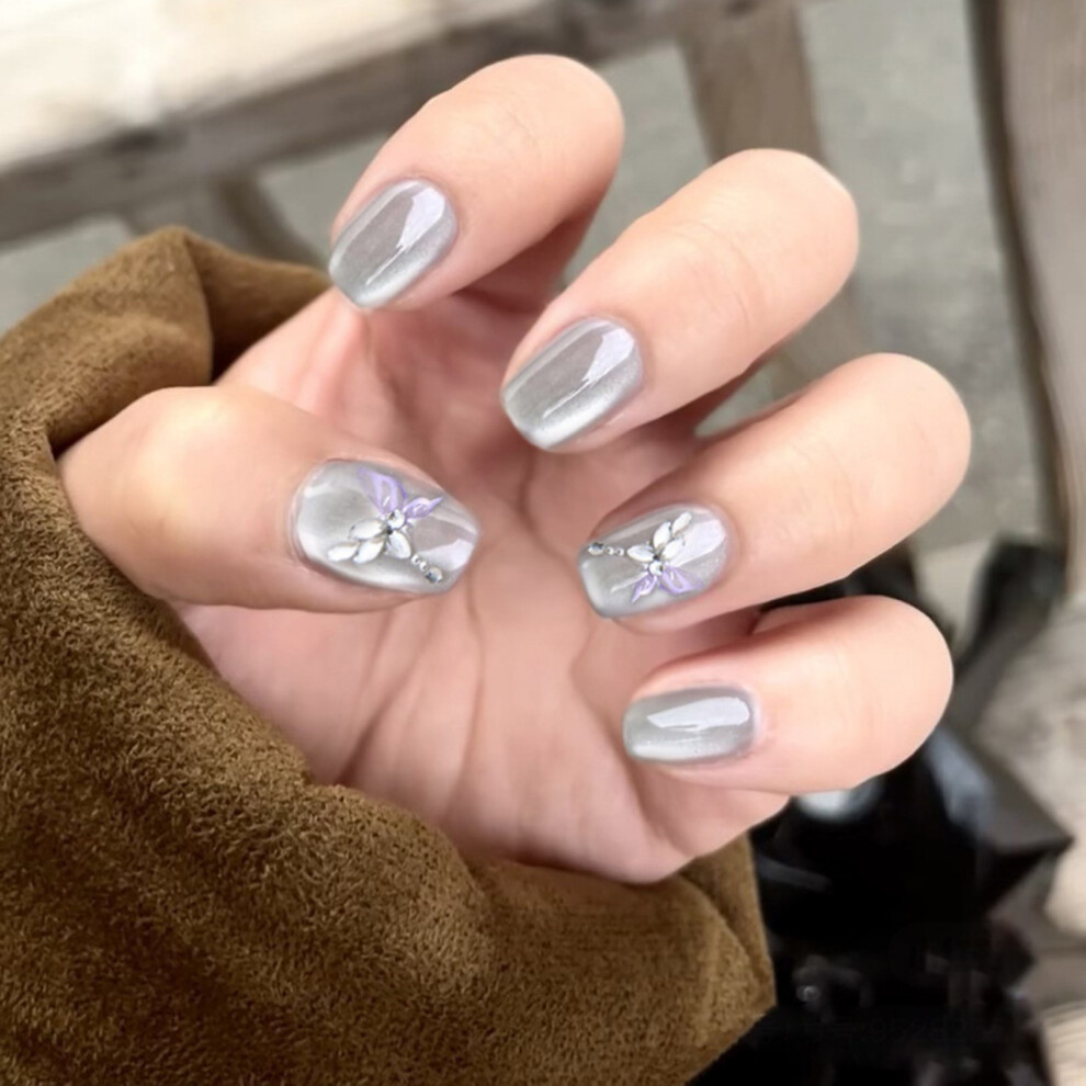 30Pcs Butterfly Cats Eye Press on Nail Square Fake Nail Full Cover Glues on Nail
