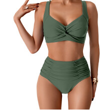 Women Ruched Bathing Suit Tummy Controlled Swimsuit High Waist Bathing Suit Army Green XL