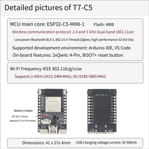 2 St T7-C5 ESP32-C5--1 Utvecklingskort Stöder Dual-Band Wi-Fi6 BLE5 Thread/Zigbee SoC 32-Bit Modul 1
