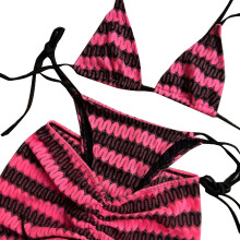 Women Backless Bathing Suit 3 Pcs Swimsuit Striped Swimwear for Beachwear Pink and black S