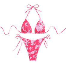 Flower Print Bathing Suit for Women Push Up Swimwear Two Pcs Split Swimsuits Rose pink L