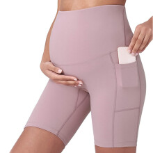 Women Yoga Shorts with Two Pocket for Workout High Waist Pregnancy Leggings Pink M