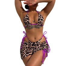 3 Pcs Split Bathing Suit for Women Leopard Print Swimwear Backless Swimsuit Purple S