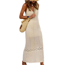 Breathable Crochet Maxi Dress Sleevele Solid Color For Pool and Beach Walks Apricot M
