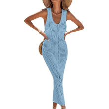 Beach Hollowed Out Knit Dress Sun Protective Soft and Breathable Cover Up Light blue L