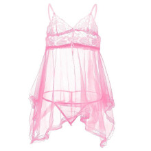 Asymmetrisches Fransen-Nachthemd, Spaghettiträgerkleid mit Cut-outs und passendem String, rosa