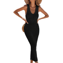Comfortable Knit Maxi Dress for Swimwear Hollowed out Cover Up Essential Black S