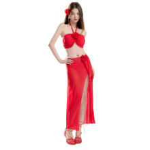 Solid Color Bathing Suit for Women 3 Pcs Swimsuit Stylish 3D Flower Swimwear Red S
