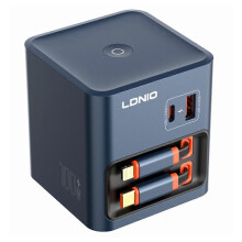 LDNIO Q16 100W GaN desktoplader met 4 USB-C-poorten, intrekbare kabel, snellaadstation en slim digitaal display.