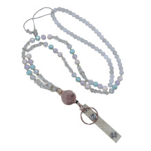 Natural Stone Beads Lanyard Necklace Retractable Lanyards for Women Teacher Powder green