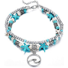 25-26 Blue Turtle Anklets For Women Girls Multilayer Beads Handmade Beach Ankle Bracelet Set Boho Foot Jewelry Single Sile