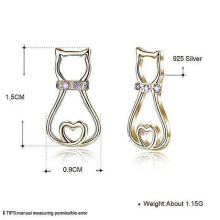 Genuine 925 Sterling Silver Hollow Cat Stud Earrings for Women Girls Cute Grass Purple Stone Earrings Women Jewelry Gift